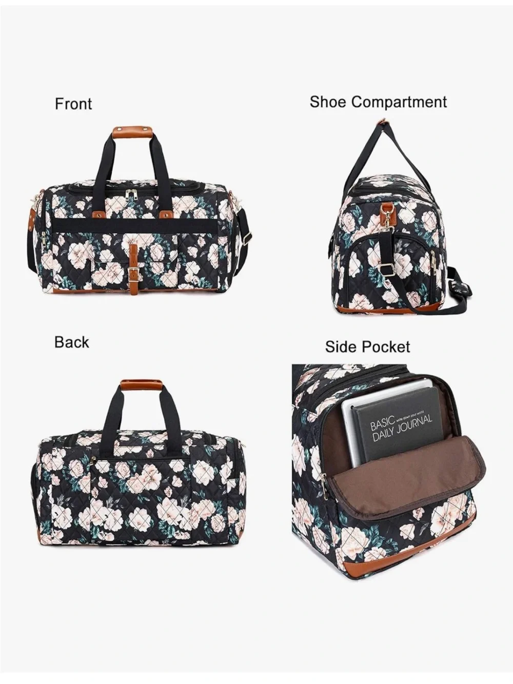 Floral Quilted Weekender Duffle Bag - Black with Blush Flowers - Picture 3 of 7